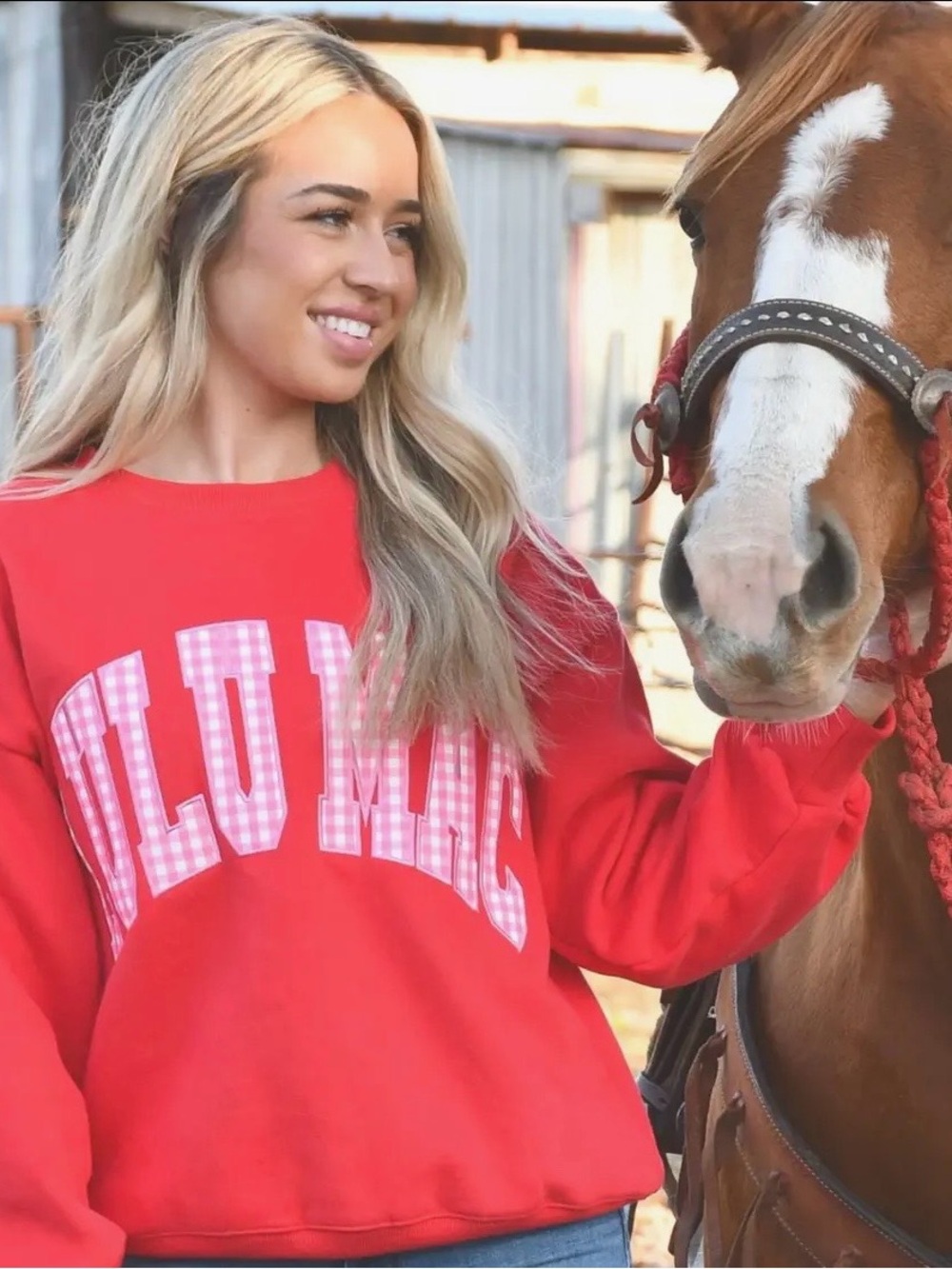 Women's Red Graphic Crewneck Sweatshirt - Plaid Lettering